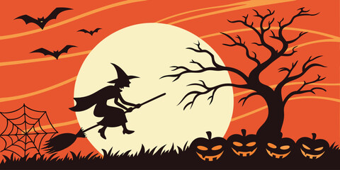 Vector art of halloween scene with witch, moon, bats, pumpkins and spooky tree