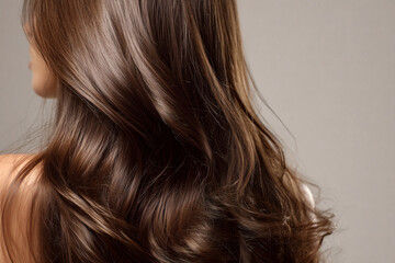 Fototapeta premium Lush brunette waves cascade with a radiant shine, a picture of natural beauty and healthy hair texture.