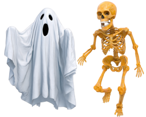 Ghost in white sheet sneaking behind surprised skeleton for playful prank, both with expressive faces, creating humorous and spooky Halloween scene