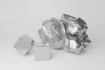 Shiny raw nickel ore and refined nickel metal cubes on a white background. High-quality metallic texture for industrial or material-themed visuals. 3d render