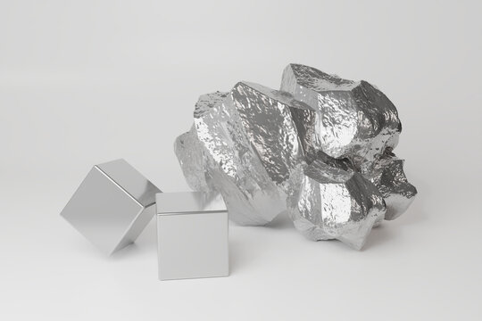 Shiny raw nickel ore and refined nickel metal cubes on a white background. High-quality metallic texture for industrial or material-themed visuals. 3d render