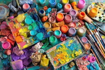 Artist's messy palette and paint supplies