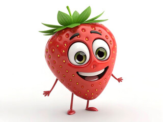 Fototapeta premium Cute strawberry cartoon in 3D holding a tiny fruit basket, smiling playfully, isolated on white.