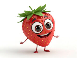 Fototapeta premium 3D strawberry mascot dancing with green leaf hat, joyful expression, isolated on white background.