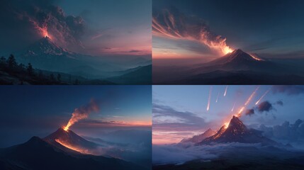 Four scenes show a volcano erupting under varying skies and light, with flowing lava and smoke plumes