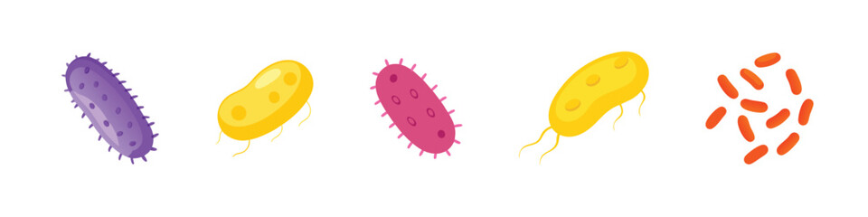 Colorful Cartoon Bacteria Set in Purple, Yellow, Pink, and Orange for Science and Medical Illustrations