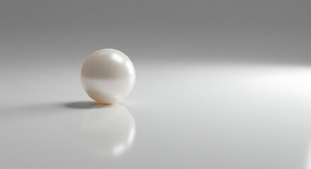 A single, flawless white pearl resting on a reflective white surface.