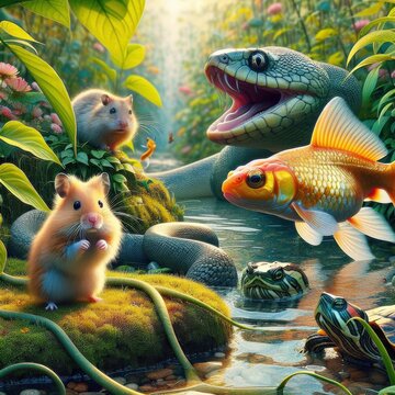 Encounter in a Lush Forest a Snake and Hamsters by a Pond