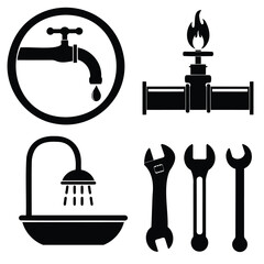 Vector art of plumbing icons set isolated on white background featuring various plumbing related symbols such as faucets, pipes, wrenches, showers, gas flames and repair tools
