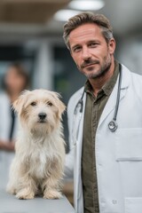 Compassionate vet in a modern clinic with a small dog companion during a busy day. National Pet Carbon Monoxide (CO) Safety Day