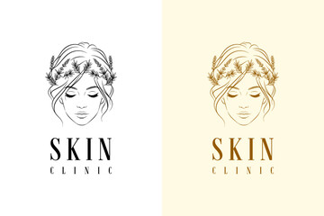 woman face with herbal leaves on hair vector illustration, logo for acne, anti aging, skin treatment, natural, cosmetics brand, dermatologist, skin specialist, skin clinic, and more