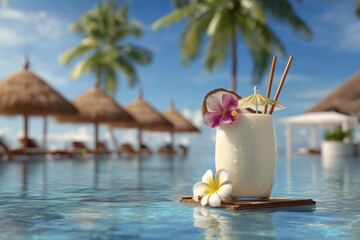 Tropical cocktail in a serene pool, with palm trees and beach huts in the background.