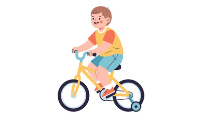 Cute cartoon boy learning to ride a yellow bicycle with training wheels on a white background.