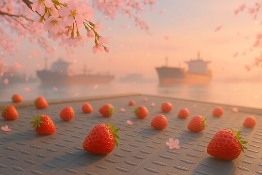 Fresh strawberries scattered on industrial metal walkway, pink cherry blossoms falling over blurred cargo ships, soft pastel sunrise, 1920×1080 spring wallpaper with bokeh effect." - Powered by Adobe