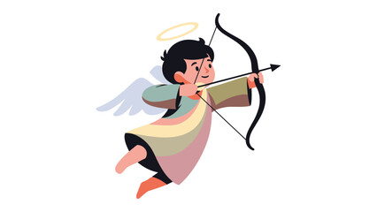 Cute romantic cherub with wings and halo aiming a bow and arrow for love