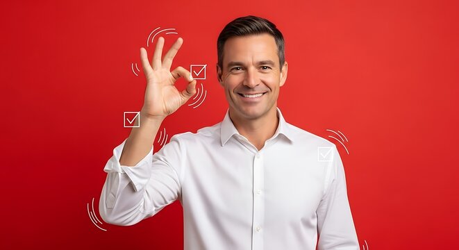 A handsome, smiling young man in a white shirt making an "OK" hand gesture against a red background. - Powered by Adobe