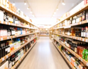 Out-of-focus retail store scene with balanced rows of shelves, pastel tones, and inviting warm light for a soft shopping ambiance.