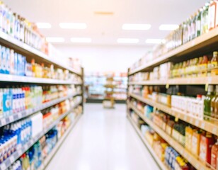 Blurred shot of a clean store layout with symmetrical shelves, soft lighting, and well-organized goods in calm pastel colors.