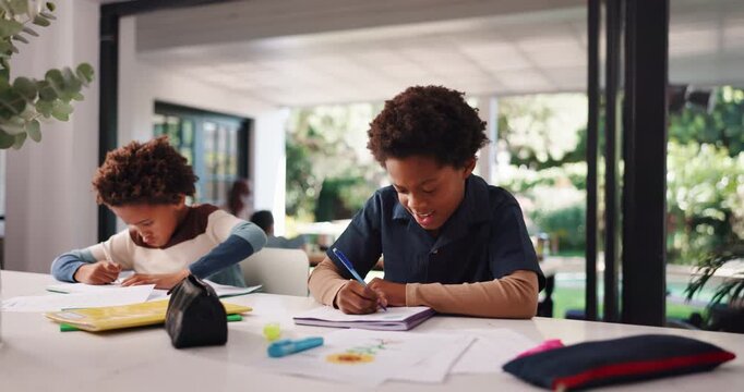 Thinking, children and writing for education at house for study, learning and problem solving. African family, kids or solution for homework, information and lesson notes for homeschooling assignment