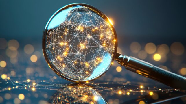 Magnifying glass revealing glowing network connections.