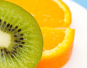 Close-up of a kiwi slice overlapping orange segments