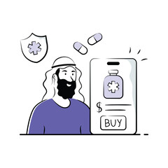 Creatively designed illustration of man purchasing medication online via mobile app