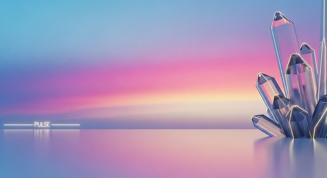 Abstract crystal formation reflecting a soft gradient sunset sky