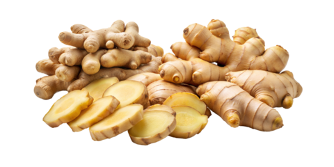 Collection of whole ginger roots and sliced ginger pieces isolated on white background.