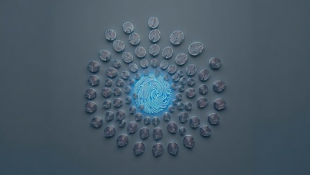A collection of fingerprint icons arranged around a central glowing fingerprint image on gray background