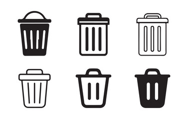 Trash Bin Icon Set – Minimal Line and Solid Style Garbage Cans. Vector Illustration