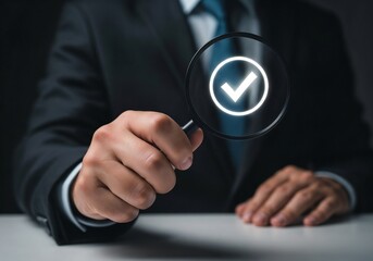 
Magnifying glass and check mark icon, show check the authenticity of the document, concept of rules of conduct rules and policies company regulations Terms and Conditions