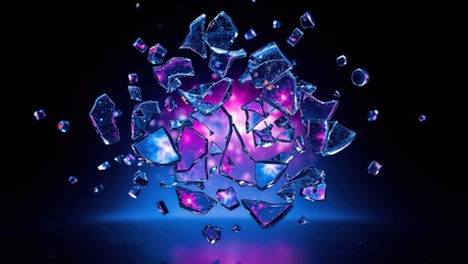 A shattered glass sphere with purple and blue light reflecting on the broken pieces in the darkness