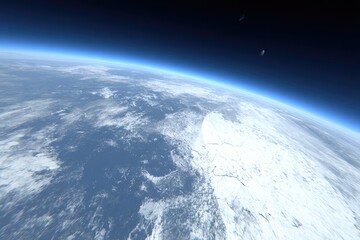 Fototapeta premium High-angle view of Earth's icy regions. Vast expanse of snow-covered land meets ocean. Atmosphere and space visible
