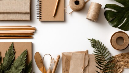 Flatlay of earth-toned stationery, twine, plants, and packaging on a white background, forming a border with a central empty space