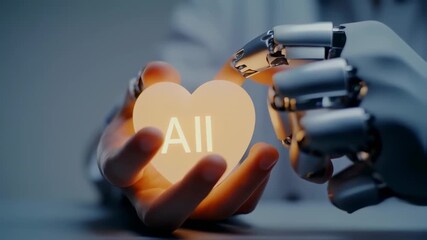 Robot Hand Touches Glowing Heart with "All" - AI Love & Connection Concept - Powered by Adobe