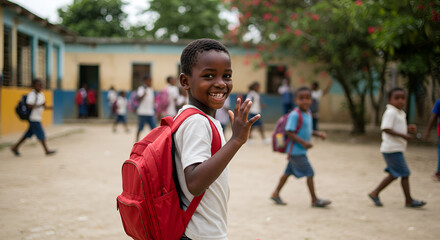 Smiling student waves at school yard