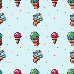 Pixel Art  strawberry and Chocolate chip Ice Cream Cone Seamless Pattern