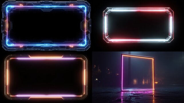 Four futuristic frames glow with various neon colors. Rectangular shapes with digital interfaces are featured