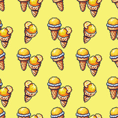 Pixel Art lemon Ice Cream Cone Seamless Pattern