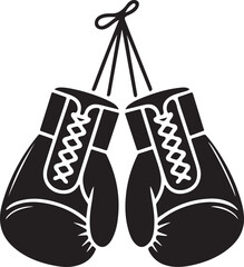 Pair of black boxing gloves hanging by laces on white background