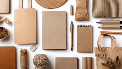 Flatlay of various eco-friendly stationery and packaging items in muted earth tones arranged on a white background; showcasing sustainable materials and minimalist design