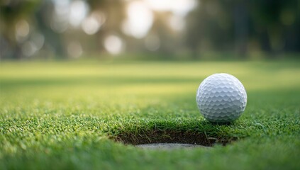 Obraz premium Golf ball on the green near the hole ready to be putted