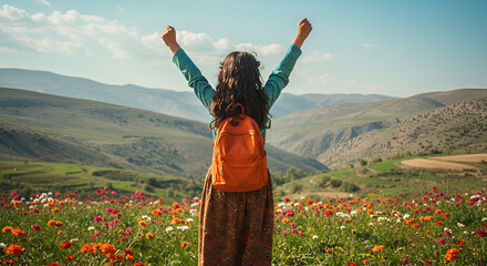 Triumphant traveler amidst blooming mountainside