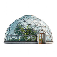 Fototapeta premium Glass dome greenhouse with triangular panels and wooden door, filled with green plants inside, modern eco friendly structure for growing vegetation