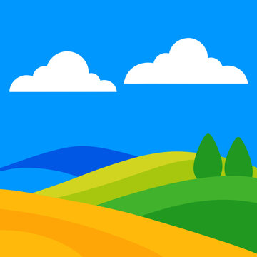 Vibrant stylized landscape with rolling hills and clouds