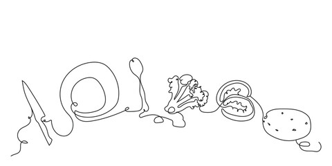 Salad preparation process. Line art of vegetables and plate with spoon. Vector illustration drawn with one continuous line on white background. Horizontal linear drawing of vegetables and utensils.