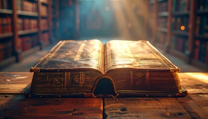 Antique open book in library setting, illuminated