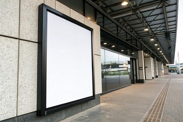Blank white signage mockup in black frame, displayed on exhibition hall wall. Perfect for urban advertising, marketing presentations, posters, banners, and commercial promotion designs.


