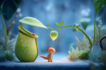 食虫植物と愉快な恐竜（アニメ調）