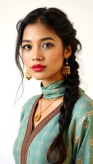 Beautiful woman in traditional dress: portrait with jewelry and braid